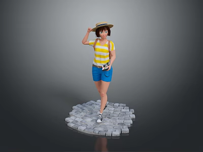Character Wearing Straw Hat Yellow Striped Shirt Blue Shorts Holding Camera on Gray Stone Platform 3d model