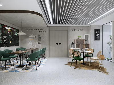 Modern Minimalist Cafe Interior With Slatted Ceiling Green Chairs Wooden Tables And Decorative Wall Art 3d model