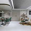 Modern Minimalist Cafe Interior With Slatted Ceiling Green Chairs Wooden Tables And Decorative Wall Art