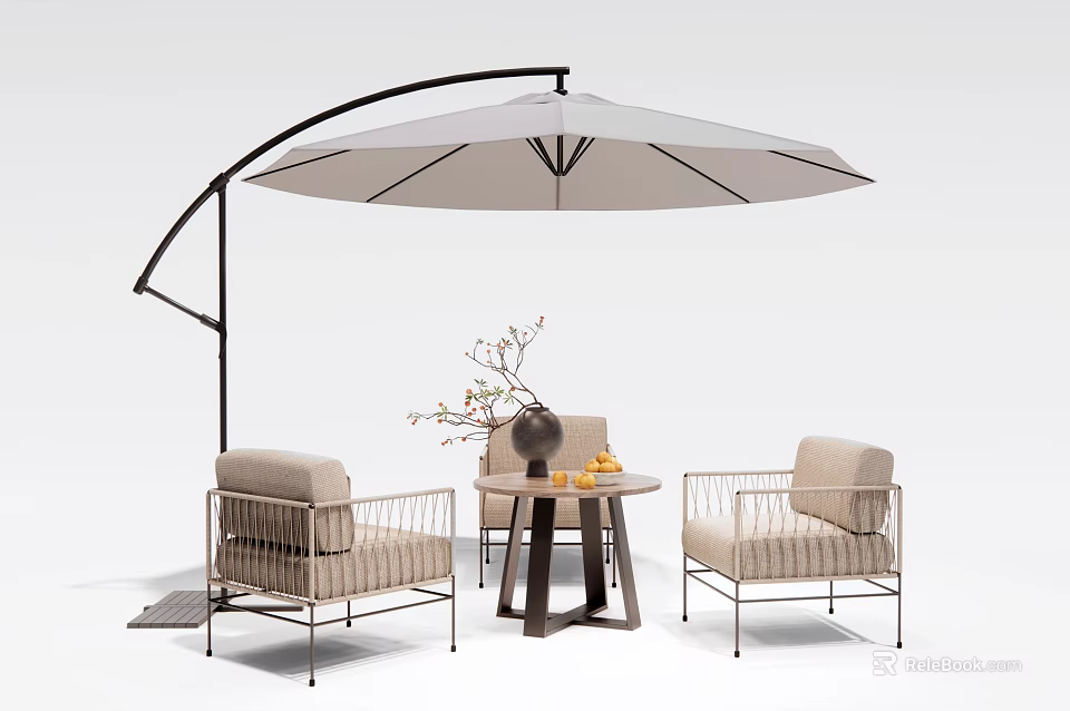 Outdoor Table With Chairs And Cantilever Umbrella For Patio Decorative Setup 3d model 