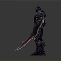 Futuristic Armored Warrior With Red Accents Holding Large Sword In Battle Stance