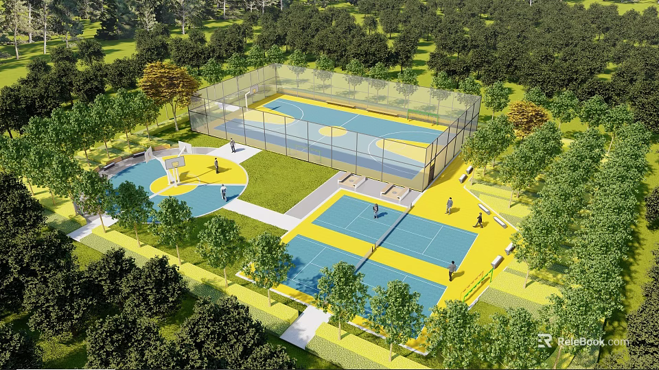 Outdoor Sports Recreational Area With Multiple Colored Courts And Green Trees 3d model
