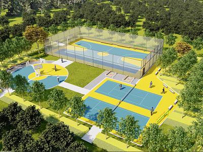 Outdoor Sports Recreational Area With Multiple Colored Courts And Green Trees 3d model