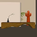 Wooden Stool in Modern Minimalist Interior with Black Vase Twig and Red Cactus