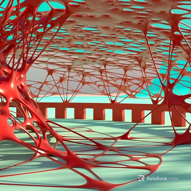 Future Architecture Showcasing Red Lattice Framework And Arched Transparent Blue Elements 3d model 
