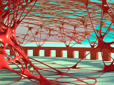 Future Architecture Showcasing Red Lattice Framework And Arched Transparent Blue Elements 3d model