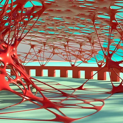 Future Architecture Showcasing Red Lattice Framework And Arched Transparent Blue Elements 3d model