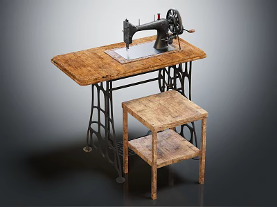 Vintage Industrial Sewing Machine On Rustic Wooden Workbench With Small Stool 3d model