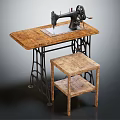 Vintage Industrial Sewing Machine On Rustic Wooden Workbench With Small Stool