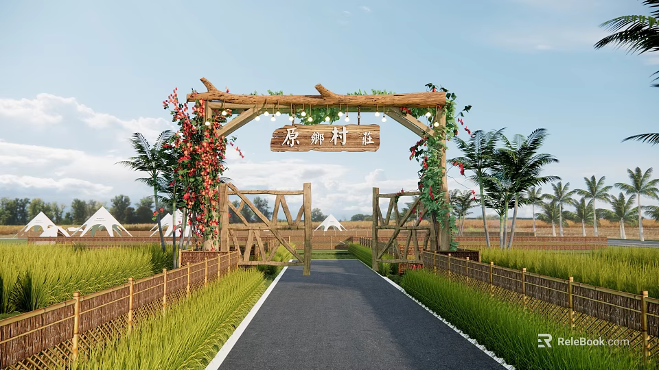 Rural Scenic Wall Entrance Design With Wooden Arch Vines Bamboo Fences And Rice Fields 3d model 