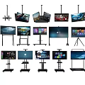 Various Flat Screen TVs With Movable Floor Stands And Different Display Content 3d model
