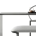 Modern Tea Table With Black Tabletop Metal Legs And Gray Upholstered Bench