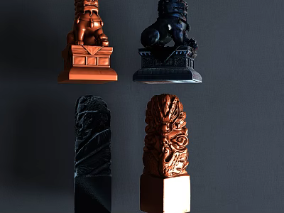 Decorative Lion Statues with Intricate Carvings in Various Colors and Styles 3d model