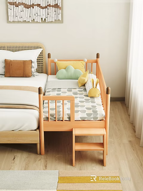 Wooden Baby Crib With Geometric Pattern Mattress Yellow Pillows Green Cloud Cushion And Small Ladder 3d model 