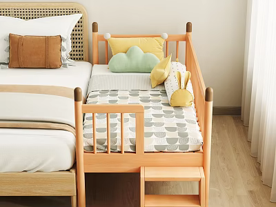 Wooden Baby Crib With Geometric Pattern Mattress Yellow Pillows Green Cloud Cushion And Small Ladder 3d model