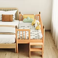 Wooden Baby Crib With Geometric Pattern Mattress Yellow Pillows Green Cloud Cushion And Small Ladder