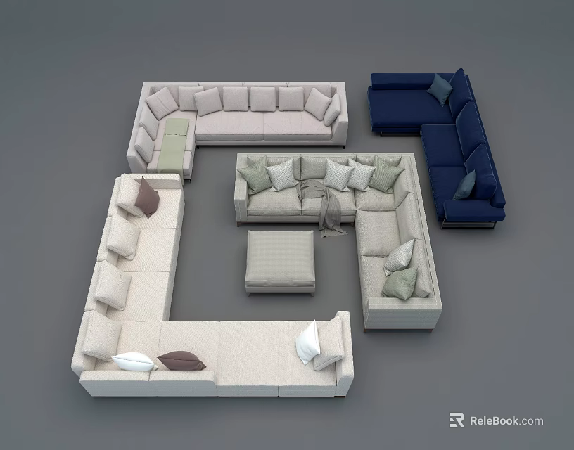 Modern Modular Sofa Set With Beige And Dark Blue Sections Cushions And Ottoman 3d model