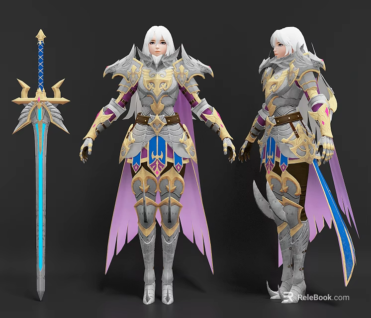 Detailed Fantasy Game Movie Character With White Hair Gold Silver Armor And Purple Cape Sword 3d model 