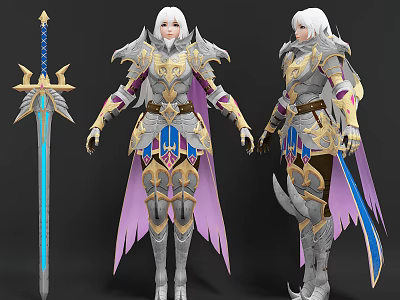 Detailed Fantasy Game Movie Character With White Hair Gold Silver Armor And Purple Cape Sword 3d model