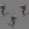 Traditional Pagoda Style Outdoor Lamps With Stone Pedestal And Openwork Design