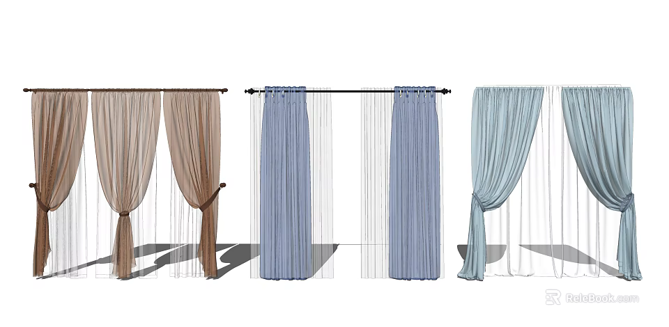 Different Colored Curtains With Sheer Panels And Various Hanging Styles 3d model 