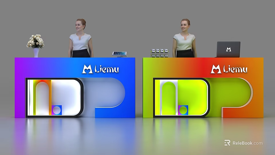 Colorful Modern Reception Desks Featuring Liemu Logo And Receptionists With Devices 3d model 