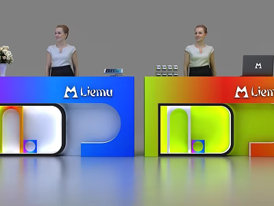 Colorful Modern Reception Desks Featuring Liemu Logo And Receptionists With Devices 3d model