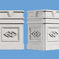 Pair of Light Gray Stone Architectural Components With Geometric Carved Patterns