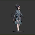 3D Female Character Model In Traditional Outfit With Dragon Pattern Hair Accessory Holding Weapon On Circular Base