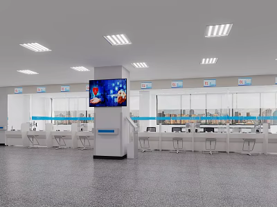 Modern Service Hall With Service Counters Digital Display Screen And Waiting Seats 3d model