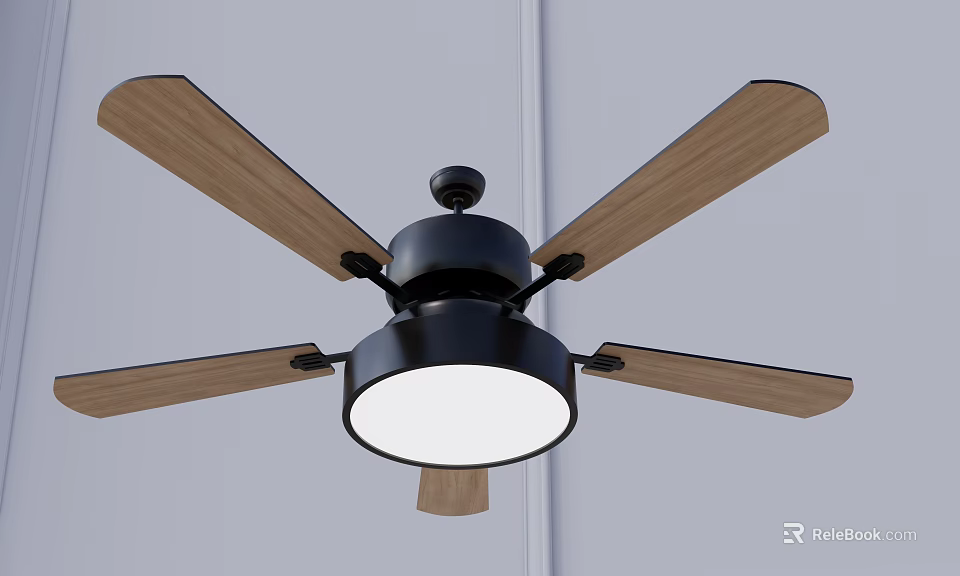 Ceiling Air Conditioner Fan With Wooden Blades Black Motor And White Light 3d model 
