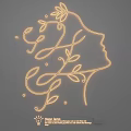 Yellow Neon Light Combination with Female Profile Silhouette Leaf Decorations Curved Designs on Gray Background