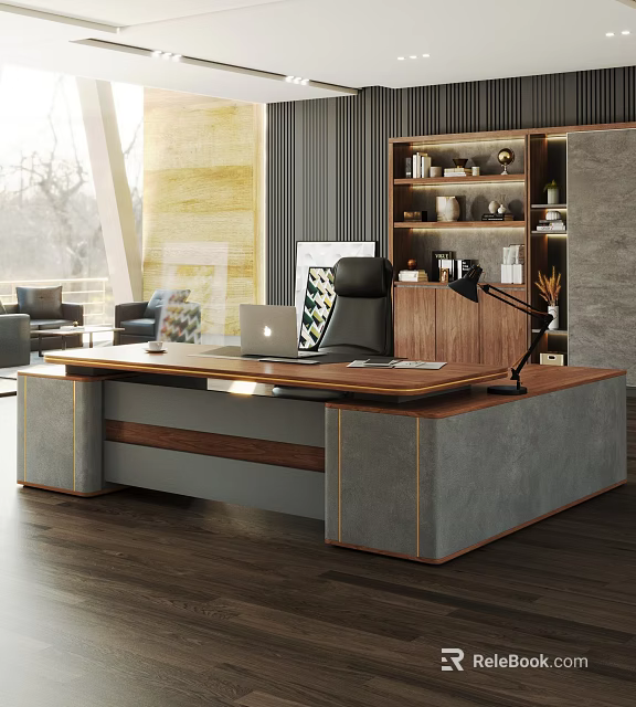 Modern Desk Wooden Top Gray Legs With Laptop Lamp Files Bookshelf Sofa And Natural Light 3d model 
