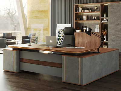 Modern Desk Wooden Top Gray Legs With Laptop Lamp Files Bookshelf Sofa And Natural Light 3d model