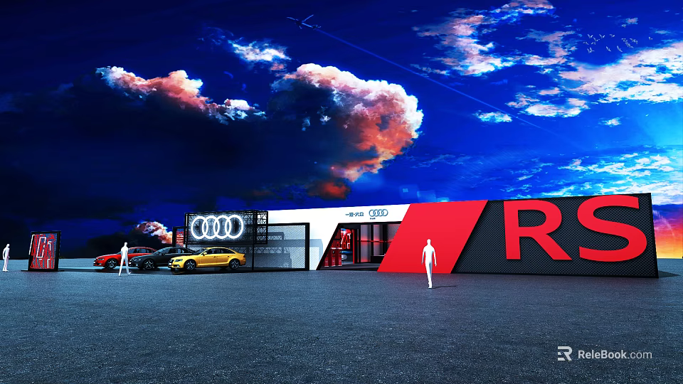 Modern Audi RS Showroom Exterior With Red Blue Clouds And Parked Vehicles 3d model 