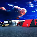 Modern Audi RS Showroom Exterior With Red Blue Clouds And Parked Vehicles