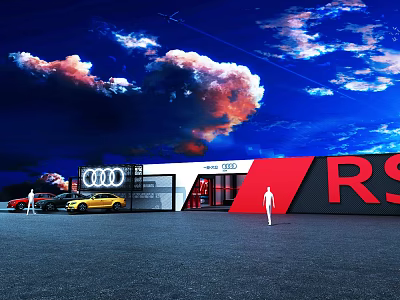 Modern Audi RS Showroom Exterior With Red Blue Clouds And Parked Vehicles 3d model