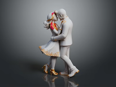 Romantic Embracing Statue Figures In Gold Accented Dress Red Floral Headpiece And White Suit 3d model