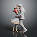 Romantic Embracing Statue Figures In Gold Accented Dress Red Floral Headpiece And White Suit