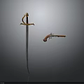 Antique Weapons Display Featuring Long Sword with Golden Hilt and Flintlock Pistol with Wooden Stock