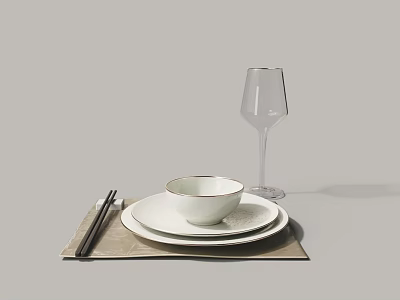 White Dinnerware Set With Bowl Plates Chopsticks And Transparent Wine Glass On Light Brown Placemat 3d model