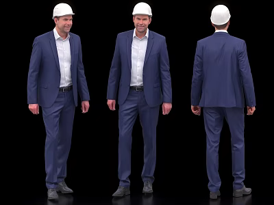 Man In Blue Suit With White Hard Hat Front Side Back Views 3d model