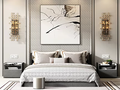Elegant Background Double Bed with Large Abstract Painting Wall Sconces Bedside Tables and Decorative Pillows 3d model