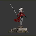 Warrior In Red Silver Armor With Red Cape And Long Sword Standing On Rock