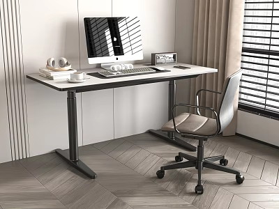 Height Adjustable Desk And Ergonomic Office Chair With Computer Keyboard Mouse In Modern Office 3d model