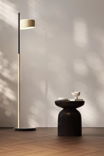 Black and Gold Modern Floor Lamp With Wooden Table And Ceramic Decor On Light Wall 3d model
