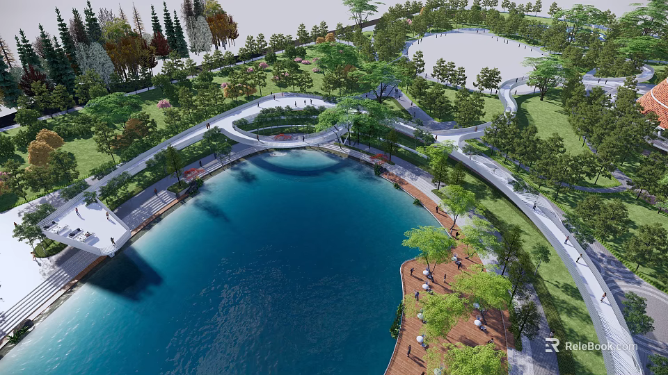 Aerial View of Lush Waterfront Landscape with Blue Water Curved Paths and Green Trees 3d model 