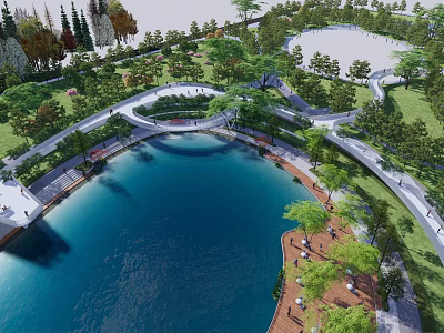 Aerial View of Lush Waterfront Landscape with Blue Water Curved Paths and Green Trees 3d model