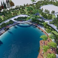 Aerial View of Lush Waterfront Landscape with Blue Water Curved Paths and Green Trees