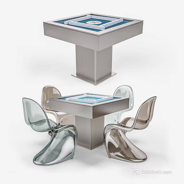 Modern Entertainment Table With Transparent Acrylic Chairs Glass Top And Metal Base 3d model 